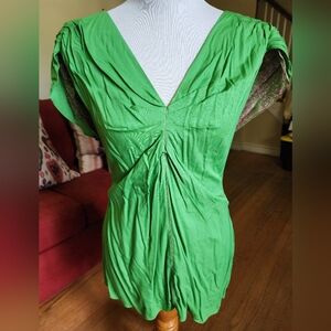 Yoana Baraschi Green Ruched Cap Sleeve Blouse With Pink Damask Print